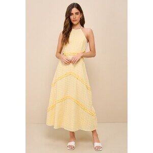 Lulus Perfectly Serene Light Yellow Eyelet Ruffled Tie-back Midi Dress - Size XL